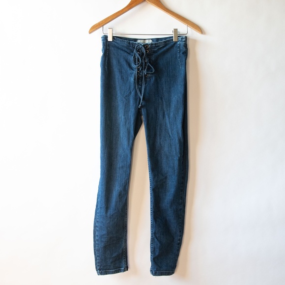Free People Lace Up Tie Front High Waist Skinny Jeans Dark Wash - Picture 3 of 12